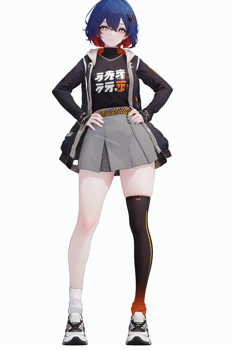 8k, best quality, masterpiece, (ultra-detailed), (high detailed skin), 
(full body:1.25), (white background:1.5), (simple background), standing, looking at viewer, (solo:1.2), hands on hips, 
<lora:zhe-lin-sd-Tanger:0.8>, lin, lin's clothes, 1girl, grey skirt, blue hair, (single thighhigh:1.1), socks, short hair, asymmetrical legwear, multicolored pupils,