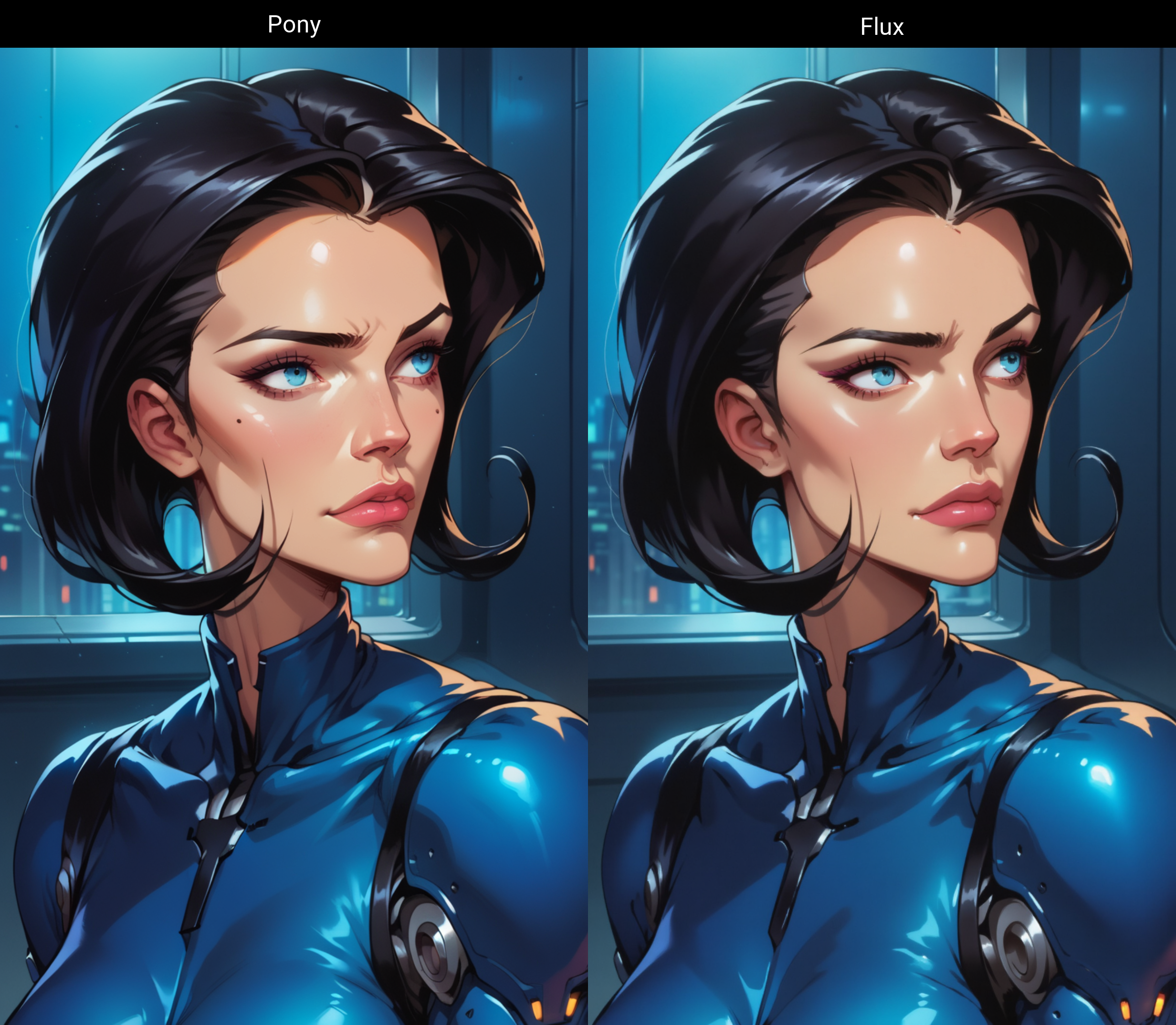 score_9, score_8_up, score_7_up, score_6_up, score_5_up, score_4_up, closeup on face , portait of face, (side view:0.5),dark blue outfit, aeon flux, black hair, blue eyes, upper body,  interior, futuristic city,shiny comic<lora:Pony\Aeon_Flux-000007.safetensors:1.0:1.0>
