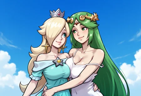 IllusP0s,<lora:Linty:1.3>,linty,breasts,upper body,2girls,mutual hug,palutena,rosalina,(side-by-side:1.4),smile,happy,sky,clouds,