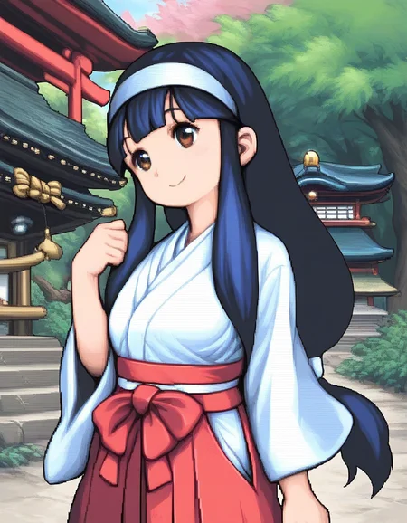score_9, score_8_up, score_7_up, source_anime, rating_explicit, BREAK <lora:Sayo-chan_XL:1> sayo-chan, long hair, blue hair, hairband, white hairband, low-tied long hair, bangs,black hair, sidelocks, blunt bangs,
1girl, solo, japanese clothes, miko, smile, red hakama, hakama, skirt, bow, hakama skirt, brown eyes,
shrine, rope, tree, outdoors,