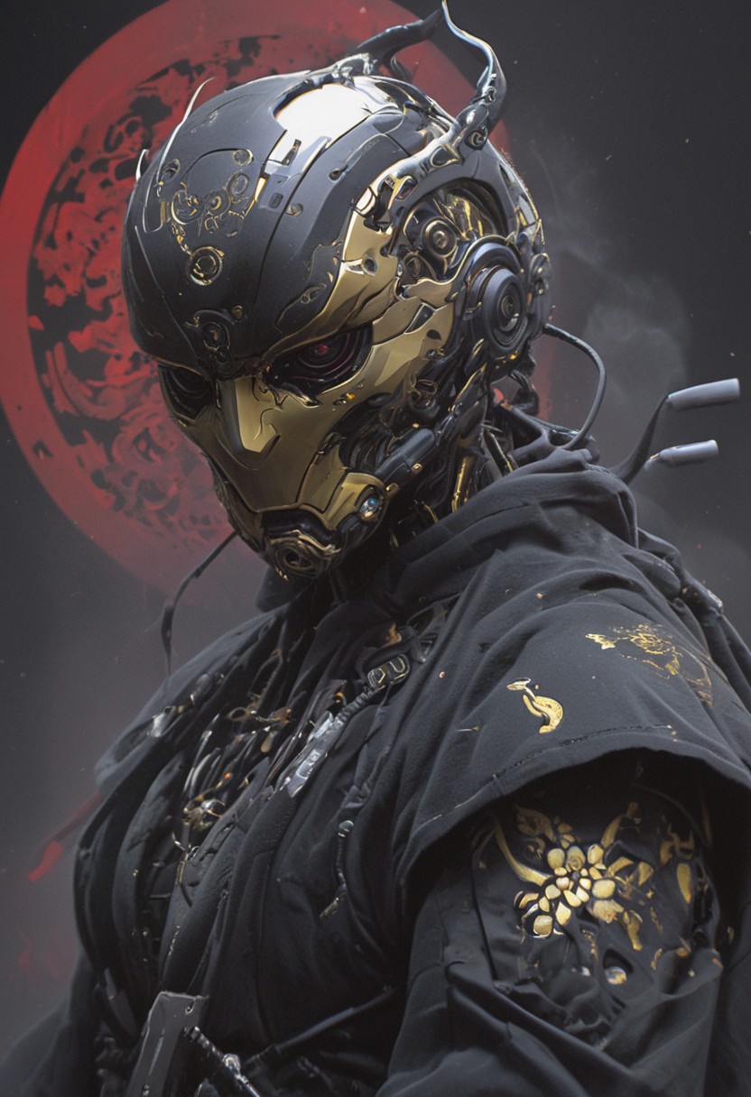 Create a extrahart, mystical, and high-resolution image of an busty female anthropomorphic a humanoid robot with intricate mechanical components named c3po. The character should be depicted in a manga cover style with wealthy portraiture and poster art elements. The image should feature rich colors and high contrast, focusing on the best quality, official art, and a beautiful and aesthetic appearance. Include fractal art elements and a colorful background with a splash of color. Use a movie perspective and an advertising style, similar to a magazine cover. C3po samurai should be shown solo, wearing Japanese clothes and armor, holding a sheathed katana, and standing in a cowboy shot pose. The robot should have neon green and yellow hip-hop clothes, tattoos, muscular abs, shoulder armor, and a metallic flowers in the background. Emphasize a samurai theme with a black and red background and starwars elements.