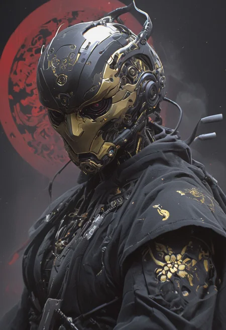 Create a extrahart, mystical, and high-resolution image of an busty female anthropomorphic a humanoid robot with intricate mechanical components named c3po. The character should be depicted in a manga cover style with wealthy portraiture and poster art elements. The image should feature rich colors and high contrast, focusing on the best quality, official art, and a beautiful and aesthetic appearance. Include fractal art elements and a colorful background with a splash of color. Use a movie perspective and an advertising style, similar to a magazine cover. C3po samurai should be shown solo, wearing Japanese clothes and armor, holding a sheathed katana, and standing in a cowboy shot pose. The robot should have neon green and yellow hip-hop clothes, tattoos, muscular abs, shoulder armor, and a metallic flowers in the background. Emphasize a samurai theme with a black and red background and starwars elements.