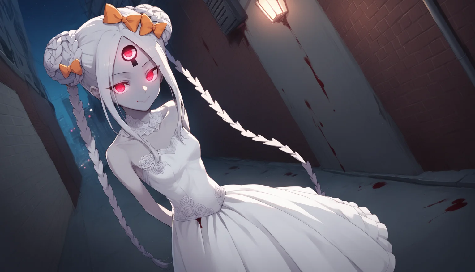 1girl, grey skin, colored skin, grey hair, red eyes, forehead, keyhole, third eye, double bun, braided bun, twintails, sidelocks, braid, polka dot bow, hair bow, orange bow, sleeveless, bride, wedding dress, seuctive smile, glowing eyes, outdoors, alley, night, mist, london, cowboy shot, blood, blood stains, arms behind back, from above, dutch angle,   <lora:abby_xl:0.8>, score_9, score_8_up, score_7_up, score_6_up, score_5_up, score_4_up, BREAK source_anime, masterpiece