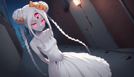1girl, grey skin, colored skin, grey hair, red eyes, forehead, keyhole, third eye, double bun, braided bun, twintails, sidelocks, braid, polka dot bow, hair bow, orange bow, sleeveless, bride, wedding dress, seuctive smile, glowing eyes, outdoors, alley, night, mist, london, cowboy shot, blood, blood stains, arms behind back, from above, dutch angle,   <lora:abby_xl:0.8>, score_9, score_8_up, score_7_up, score_6_up, score_5_up, score_4_up, BREAK source_anime, masterpiece