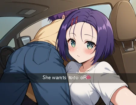 score_9, score_8_up, score_7_up, source_anime, <lora:haruna-sairenji-darkness-ponyxl-lora-nochekaiser:1>, haruna sairenji, hair ornament, hairclip, purple hair, short hair, swept bangs, forehead, medium breasts, <lora:he-wants-to-order-ponyxl-lora-nochekaiser:1> he wants to order, he wants to order (meme), drive-thru, snapchat, side-view mirror, car interior, car seat, steering wheel, car interior, three quarter view, lying on person, selfie, 1boy, ass, pants,, blush,,
