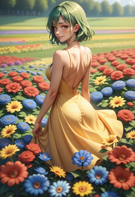 score_9, score_8_up, score_7_up, source_anime, 1girl, solo, green hair, medium hair, yellow eyes, medium breasts, yellow sundress, flowers, colorful flowers, red flowers, blue flowers, field, from behind, looking back, smile, blush