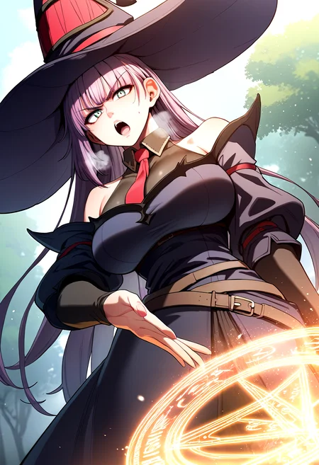 score_9, score_8_up, score_7_up, score_6_up, source_anime, rating_explicit, <lora:neg4all_bdsqlsz_V3.5:2.0>1girl, (solo:1.2), huge breasts, <lora:Senyaponyxl:1> long hair, purple hair, bangs, witch hat, green eyes, black dress, see-thorugh, cleavage, off shoulder, red necktie, detached sleeves, belt, serious, open mouth, Narrow shoulders, heavy breathing, steaming body, forest, outdoor, looking at viewer, magic circle, (fighting stance:1.1)