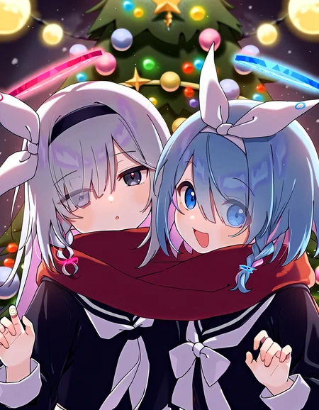 2girls, upper body, plana_(blue_archive), arona_(blue_archive), looking at viewer, christmas tree, fingernails, :d, :o, one eye closed, bokeh, star \(sky\), light particles, snowing, snow, red scarf, lens flare, konya karasue, namori, mimihachi, sharp_to_sharp, very awa