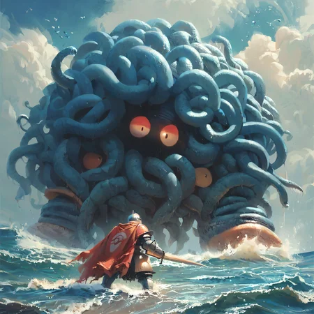score_9, score_8_up, score_7_up, score_6_up, score_5_up, score_4_up, (a giant Tangera Pokemon standing ifnront of a knight, ocean in background:1.2) Bosstyle  <lora:PonyBossBattle:0.8>  <lora:Tangera:0.8> tentacles, monster, tangera, pokemon (creature)
 <lora:Pony_DetailV2.0:1>