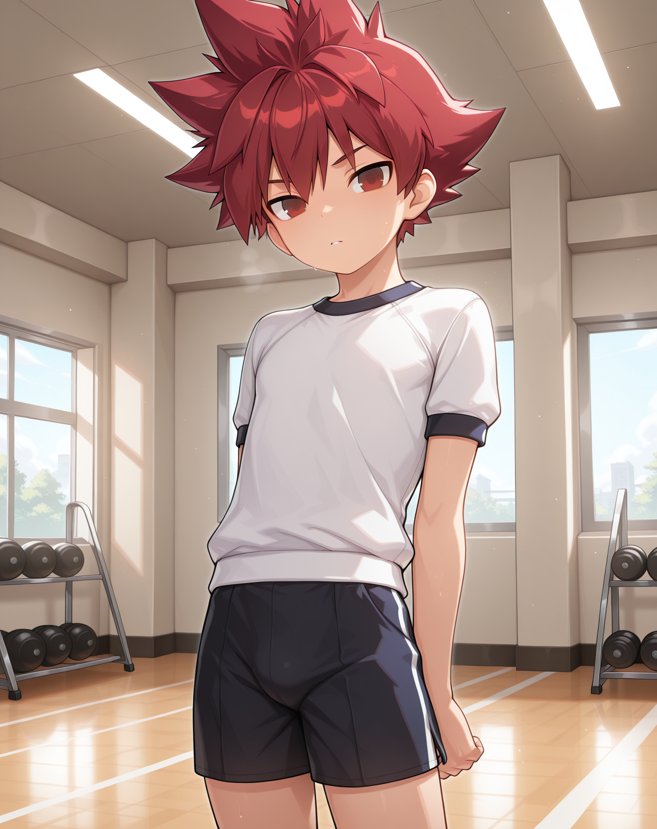 masterpiece,best quality,amazing quality, newest, very aesthetic, absurdres,
1boy, solo, yaoi, male focus, looking at viewer, cowboy shot, standing,
<lora:Elsword_Base_ilxl:1> elswordbase, red eyes, spiked hair, red hair,
gym uniform, gym shorts, gym shirt,
indoors, gym,