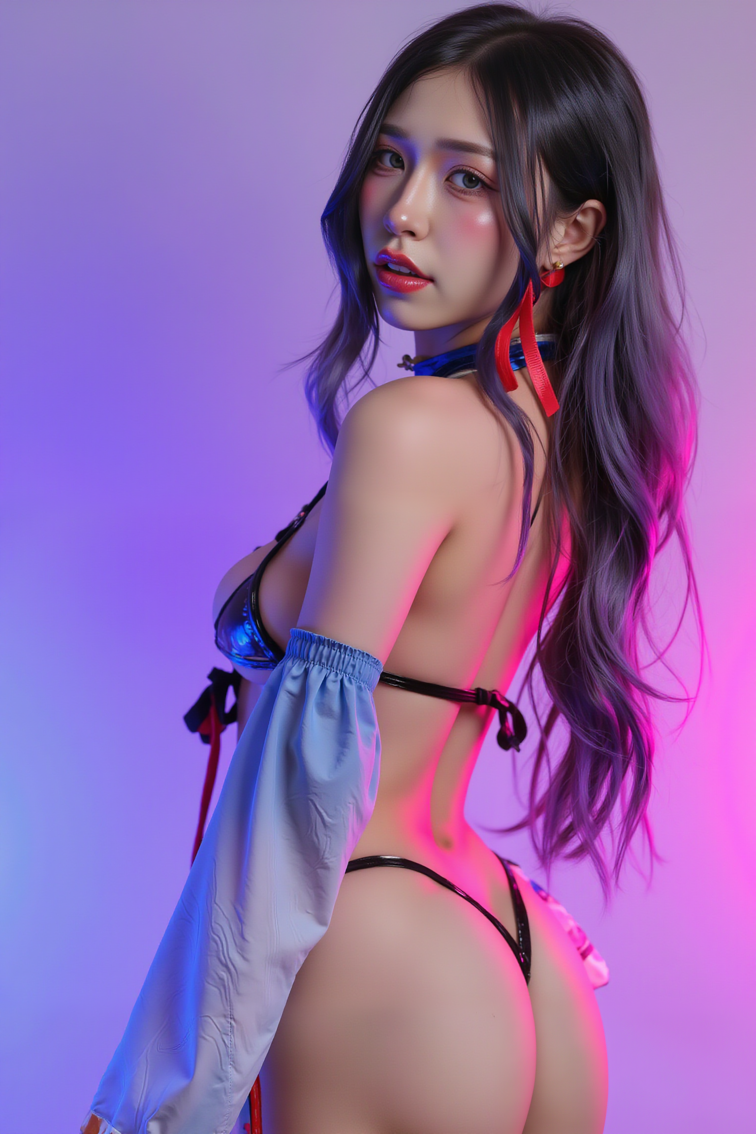 A professional, high-resolution image of a young woman in an elegant twisting pose, with her back partially to the camera and head turned over her shoulder. This sophisticated position creates a beautiful S-curve through the spine while defining the waistline and showcasing the profile of the face in a flattering manner.

She is wearing SGWN50Clothing. Her makeup is dramatic, with dark eyeliner and bold, glossy pink lips. 

The lighting features a high-contrast, monochromatic white color scheme that creates a moody, intimate atmosphere. 

The photography technique uses what appears to be soft lighting to create a glamorous effect, with careful attention to highlighting contours while maintaining the dominant light purple color scheme throughout the frame.

The overall aesthetic combines elements of fashion photography, traditional Asian visual motifs, and contemporary boudoir styling. The dramatic light purple lighting creates a cohesive visual theme that ties all elements of the composition together.

The white light emit on her to show her feature.