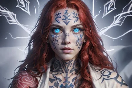bright red hair, human female, (feminine:1.7), (beautiful face, detailed face:1.6), (beautiful eyes, detailed eyes:1.7), (looking at viewer, eye contact, intense:1.6), (long hair, red hair, curly hair:1.3), , ((masterpiece, best quality, high resolution, realistic, best quality,)), photo realistic, Perfect Face, (detailed face). <lora:GoodHands-vanilla:0.6> <lora:add-detail-xl:0.8>, mage, (Dress White military uniform coat), dagger, rune dagger, glowing runes, , (((glowing magic symbols tattoos, religious tattoos))), ((face tattoos)), glowing tattoos, stone tower in the background