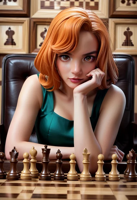 Hyper realistic detailed scene.
score 9, score 8, score 7, score 6,
xb0xc0ver, xbox360 video game cover of bethh, focused, orange hair, sparkling green dress, on a giant chessboard, pieces, black and white chess pieces, oversized pieces