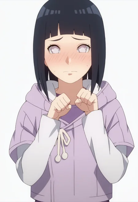 score_9, score_8_up, score_7_up, source_anime, BREAK, white background, 1girl, <lora:DX888Hinata-10:1> hinapony, black hair, pearl eyes, hooded jacket, layered sleeves, full-face blush, embarrassed, v pose