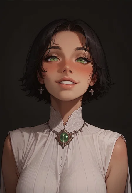 score_9, score_8_up, score_8. score_9, score_8_up, score_7_up, score_6_up, masterpiece, 4k, high quality, (best quality:1.1), ExpressiveH
1girl, Buttercup (Powerpuff girls), black hair, green eyes, short hair, large breasts, blushing, looking at viewer, smiling, g0dd3ss, white dress
green background