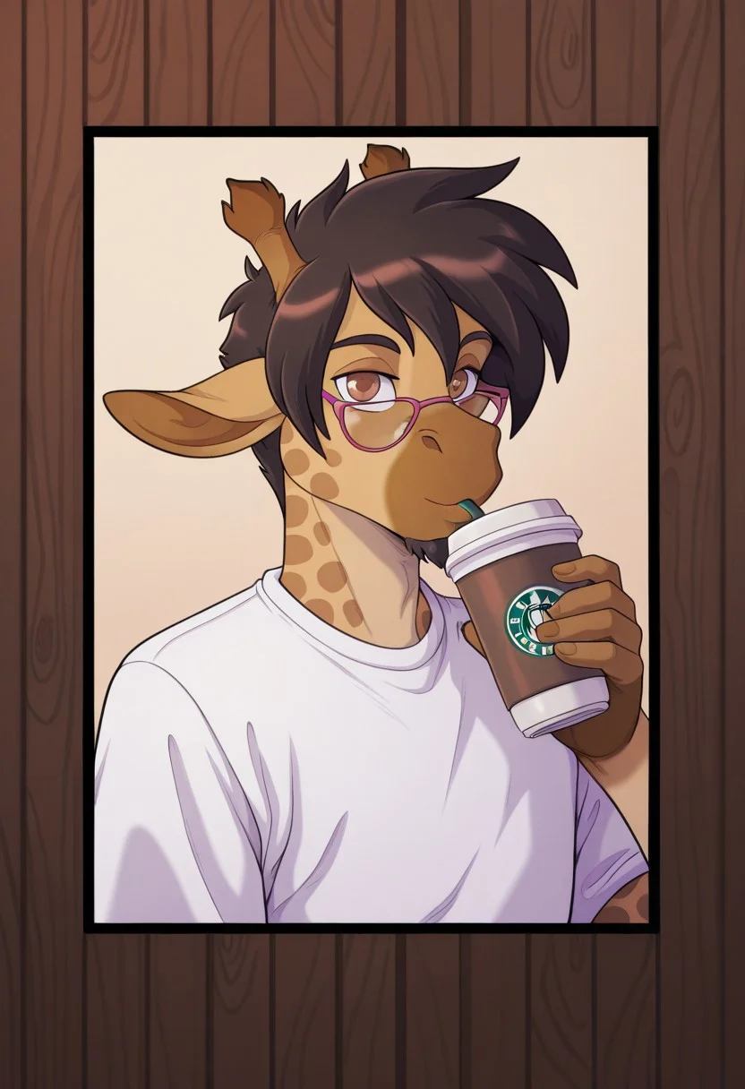 masterpiece, best quality, amazing quality, high detail, kadathilll_style, 1boy, anthro giraffe, short hair, dark hair, brown eyes, glasses, small beard ,BREAK, portrait, looks at the viewer, drinking coffee, coffee cup, calm face, coffee background, white T-shirt,coffee shop background,