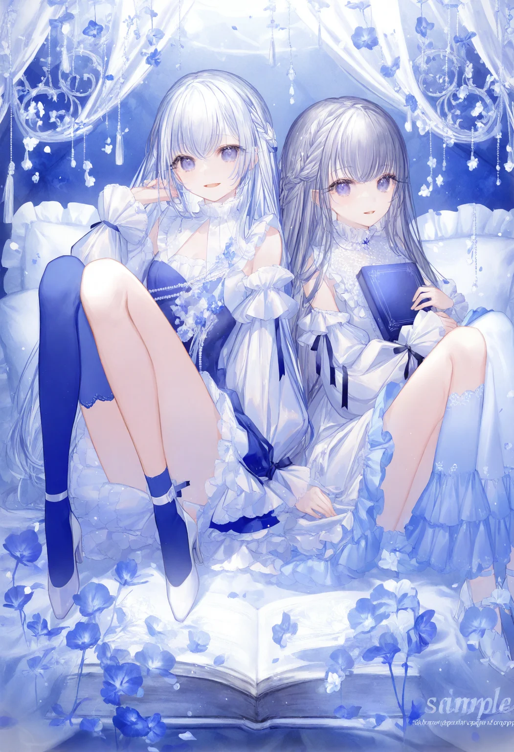 <lora:myc1_noob1.1-000189:1>,
2girls, multiple girls, dress, long hair, single thighhigh, white dress, thighhighs, blue eyes, white hair, high heels, detached sleeves, sitting, braid, book, knees up, flower, open mouth, watermark, blue theme, grey hair, holding, frills, long sleeves, blue thighhighs, sample watermark, looking at viewer, puffy sleeves, pillow, smile, grey eyes, frilled dress, purple eyes,
masterpiece,best quality,newest,absurdres,highres,very awa,