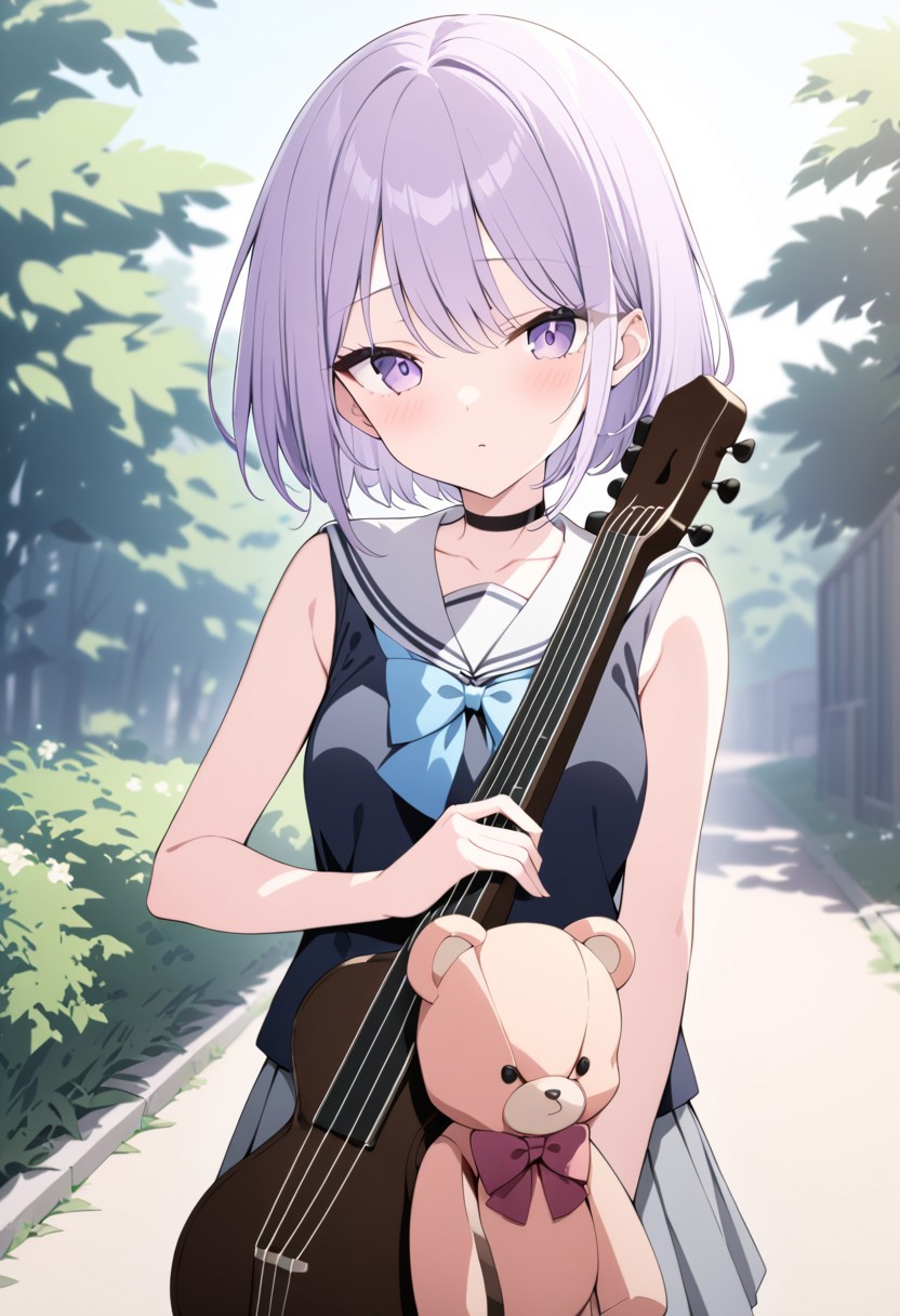 masterpiece, best quality, 32k, high resolution, absurdres, amasawa kyou, choker, black choker, outdoors, holding instrument, facing viewer, bow, bare arms, teddy bear, school uniform, off shoulder