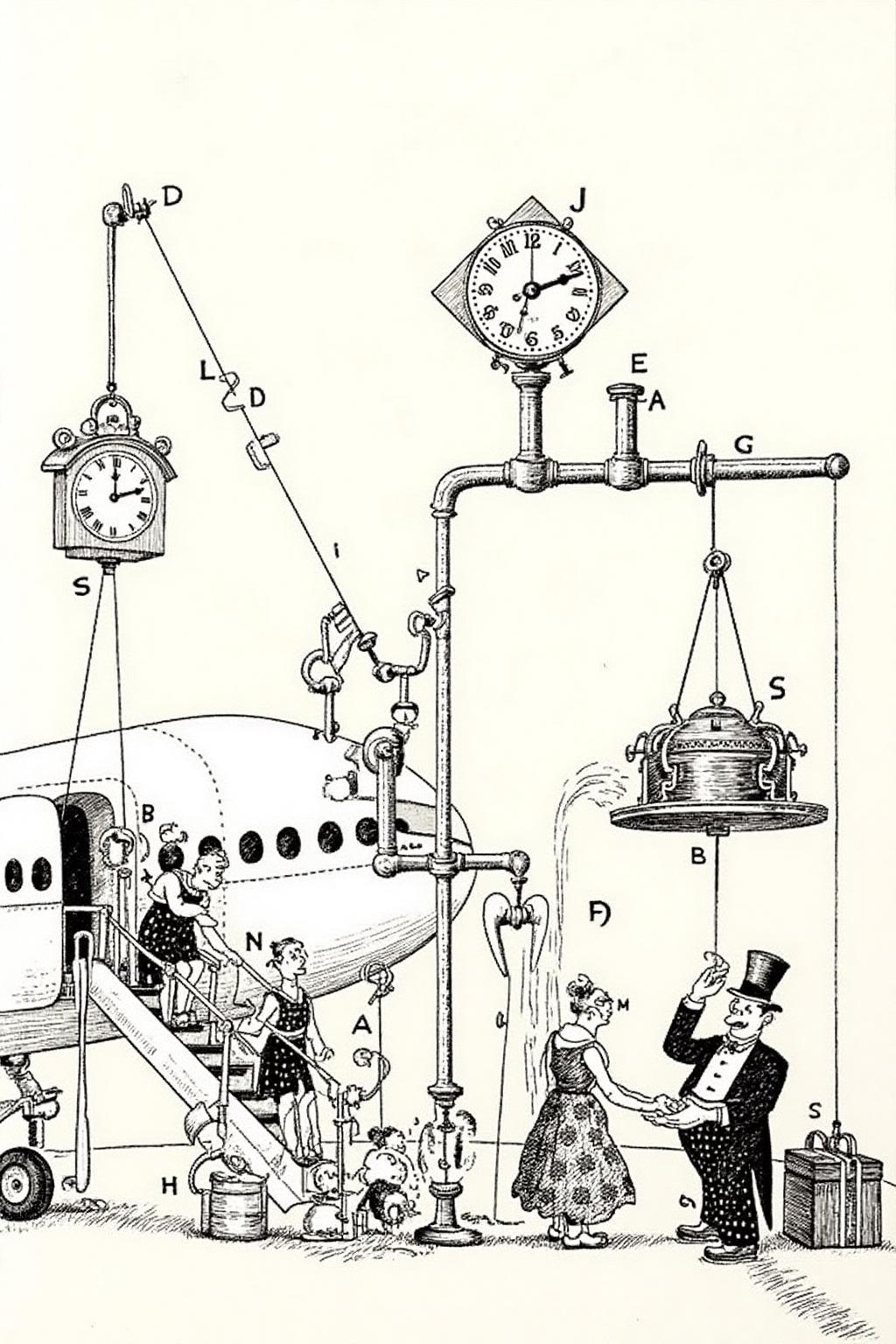 rugo1 illustration. 
An Rube Goldberg absurd flight boarding process. Passengers climb onto the plane via a steam-powered staircase that constantly adjusts its height using pistons and gears. A brass clockwork mechanism turns to announce the next boarding group. Luggage is hoisted into the plane with a giant pulley system operated by a man in a top hat. <lora:rugo1_cap_d6a3e11:1.0><lora:828769143260995631:0>