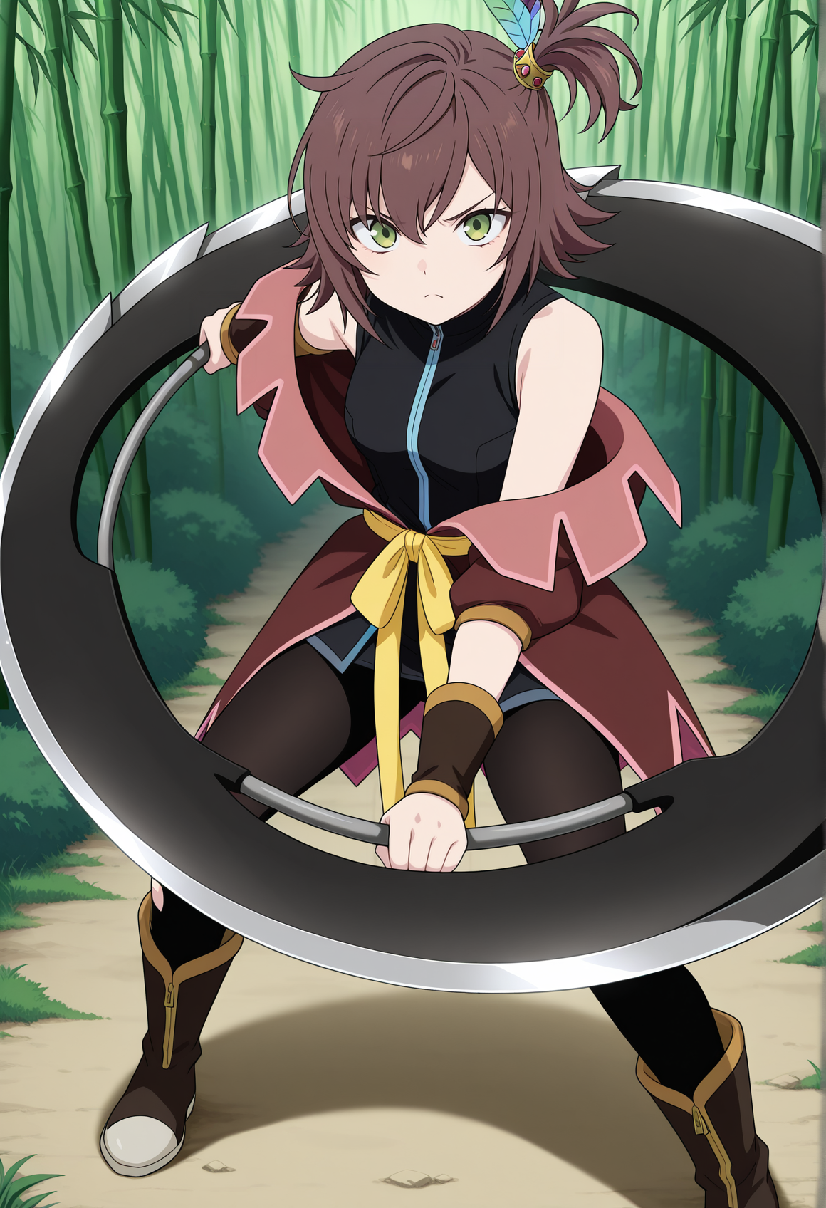 anime screencap, anime coloring, 1girl, hort hair, brown hair, side ponytail, feather hair ornament, green eyes, sleeveless, vest, off shoulder, sash, pantyhose, torn pantyhose, wristband, boots, standing, outdoors, bamboo forest, fighting stance, holding weapon, huge weapon, serious   <lora:Nan_tof_Vesperia_r1:1> looking at viewer,, masterpiece, best quality, amazing quality, very aesthetic, absurdres, highres, newest