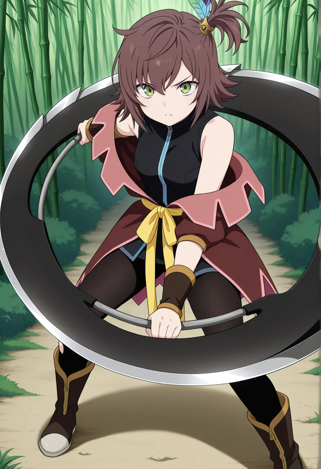 anime screencap, anime coloring, 1girl, hort hair, brown hair, side ponytail, feather hair ornament, green eyes, sleeveless, vest, off shoulder, sash, pantyhose, torn pantyhose, wristband, boots, standing, outdoors, bamboo forest, fighting stance, holding weapon, huge weapon, serious <lora:Nan_tof_Vesperia_r1:1> looking at viewer,, masterpiece, best quality, amazing quality, very aesthetic, absurdres, highres, newest