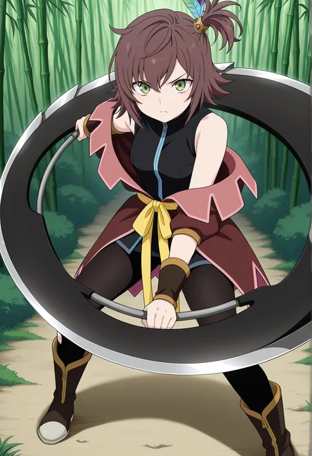 anime screencap, anime coloring, 1girl, hort hair, brown hair, side ponytail, feather hair ornament, green eyes, sleeveless, vest, off shoulder, sash, pantyhose, torn pantyhose, wristband, boots, standing, outdoors, bamboo forest, fighting stance, holding weapon, huge weapon, serious   <lora:Nan_tof_Vesperia_r1:1> looking at viewer,, masterpiece, best quality, amazing quality, very aesthetic, absurdres, highres, newest