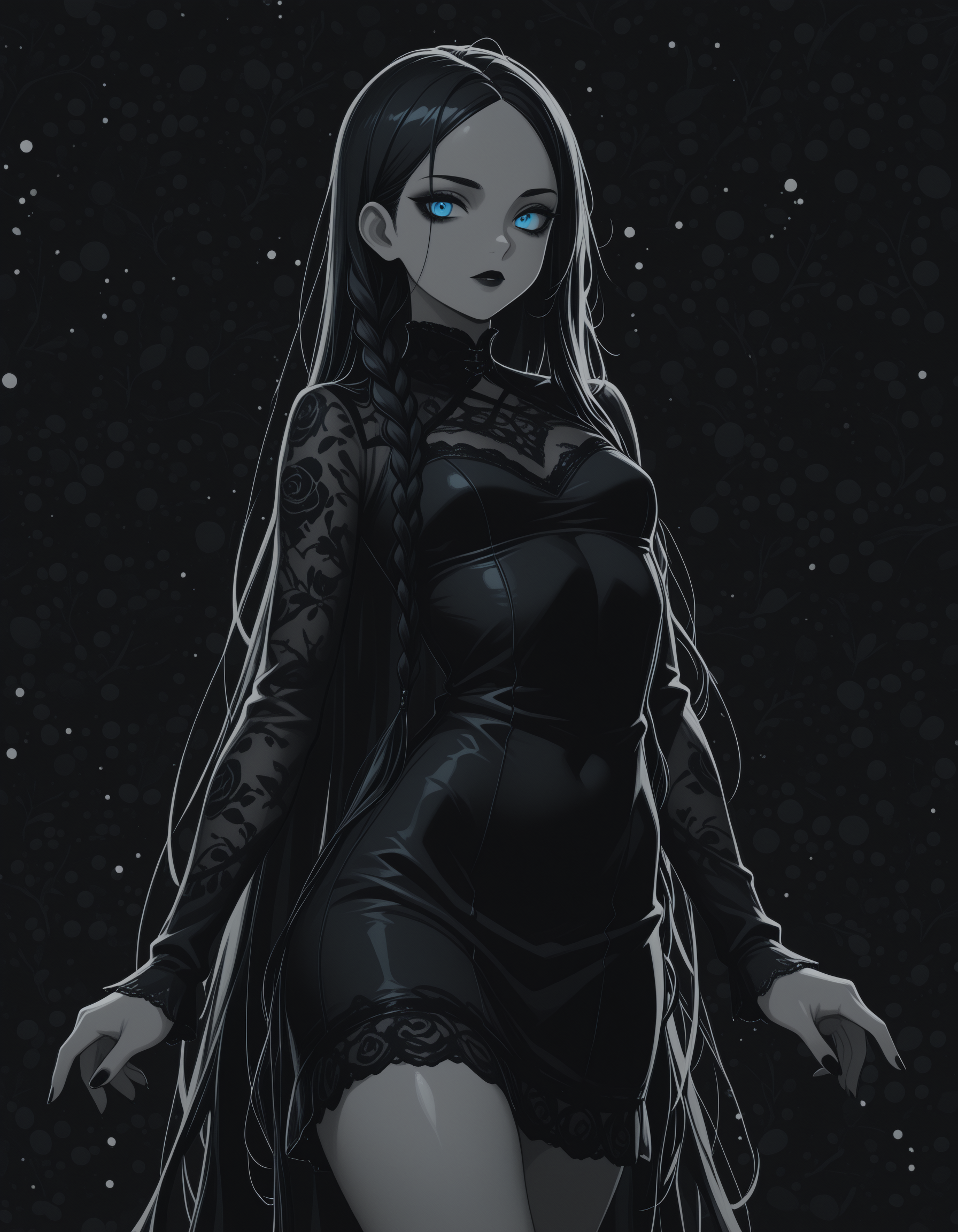 (addmicrodetails), (4K), (solo), (human):1.3, (masterpiece, best quality, absurdres, very aesthetic),
1girl, beautiful eyes, goth, pale skin, black hair, very long braids, undercut, strong face, black makeup, solo, small breasts, curvy, bright blue eyes, short dress, lace dress, black dress, goth dress, dancing, (dark space :1), (flat lighting, flat color, flat design, no lineart:1), monochrome, film grain, spot color, local spot color, iridescent, pearlescent, masterpiece, best quality, amazing quality, very aesthetic, absurdres, newest,