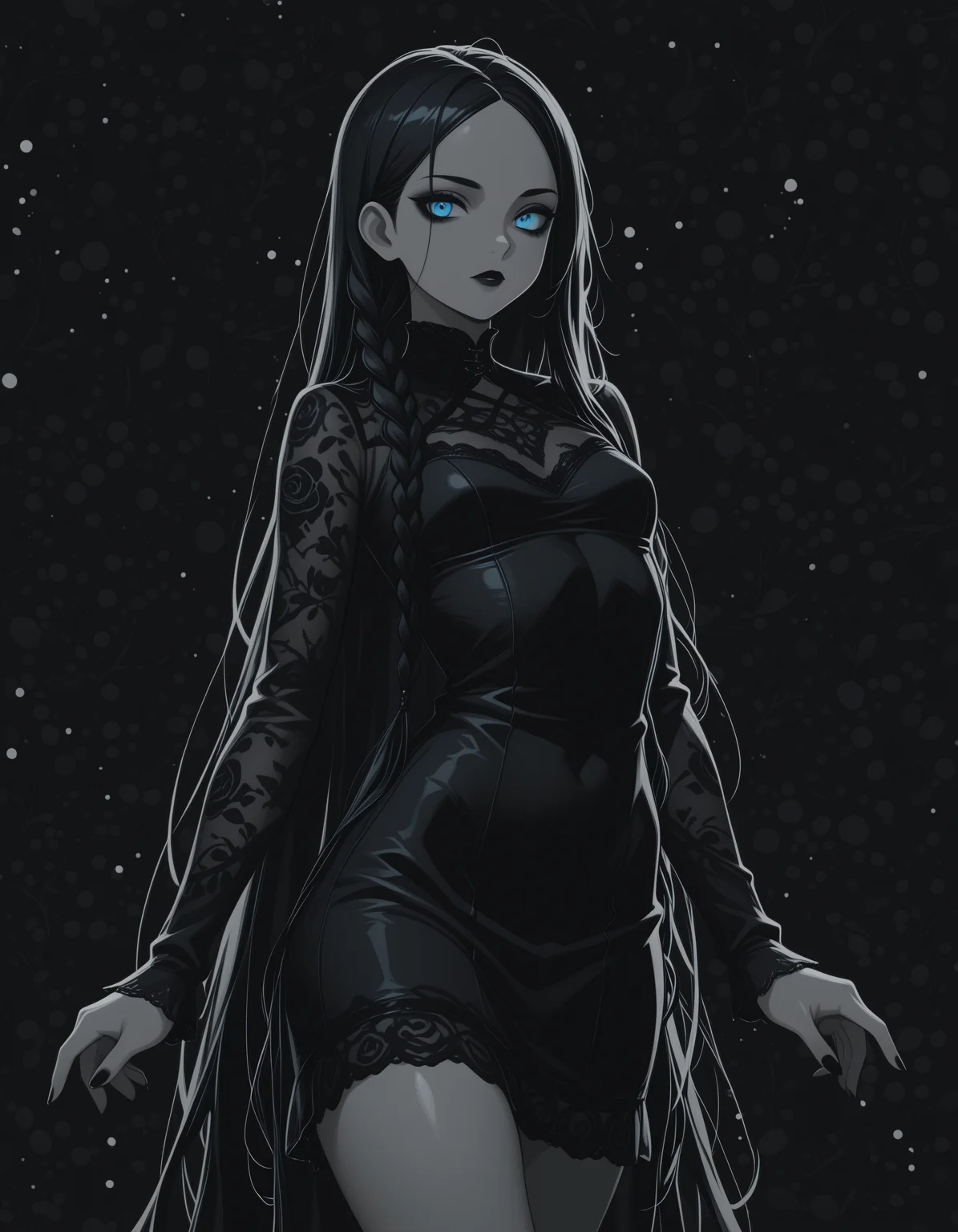 (addmicrodetails), (4K), (solo), (human):1.3, (masterpiece, best quality, absurdres, very aesthetic),
1girl, beautiful eyes, goth, pale skin, black hair, very long braids, undercut, strong face, black makeup, solo, small breasts, curvy, bright blue eyes, short dress, lace dress, black dress, goth dress, dancing, (dark space :1), (flat lighting, flat color, flat design, no lineart:1), monochrome, film grain, spot color, local spot color, iridescent, pearlescent, masterpiece, best quality, amazing quality, very aesthetic, absurdres, newest,