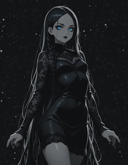 (addmicrodetails), (4K), (solo), (human):1.3, (masterpiece, best quality, absurdres, very aesthetic),
1girl, beautiful eyes, goth, pale skin, black hair, very long braids, undercut, strong face, black makeup, solo, small breasts, curvy, bright blue eyes, short dress, lace dress, black dress, goth dress, dancing, (dark space :1), (flat lighting, flat color, flat design, no lineart:1), monochrome, film grain, spot color, local spot color, iridescent, pearlescent, masterpiece, best quality, amazing quality, very aesthetic, absurdres, newest,