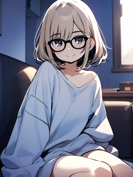 masterpiece,(best quality),
1girl,smile,solo,looking at viewer,sitting, oversized clothes, glasses, 
indoors,
<lora:kim_mkS_A01:0.6>,