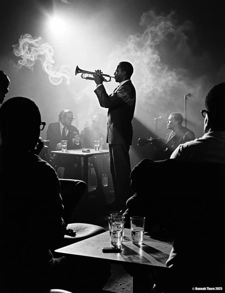 The image is a black and white photograph of Miles Davis playing his trumpet.    **Description:**  The photo is taken in a dimly lit, smoky environment, possibly a jazz club. Davis is centrally positioned, but slightly off-center, his body angled towards the trumpet. He's captured mid-performance, his face partially obscured by shadows and the smoke, creating a dramatic and mysterious atmosphere.  He's wearing a dark suit. His focus is entirely on his instrument.  In the foreground, the backs of other patrons are visible, partially silhouetted, seated at a table with glasses, suggesting the scene is from a live performance.  The smoke adds depth and texture to the photo, and the lighting creates strong contrast, with bright spots highlighting Davis and his trumpet, and leaving the rest in shadows.  The overall feeling is intimate and moody.  **Style:**  The photograph's style is strongly reminiscent of classic jazz photography. It uses elements of:  * **Chiaroscuro:** The dramatic use of light and shadow to create strong contrasts and a sense of depth. * **High Contrast:** The deep blacks and bright whites add to the intensity and emotion of the scene. * **Documentary style:** It seemingly captures a candid moment from a real-life event, without significant staging.  While composed, the image feels unplanned, spontaneous, and captures the essence of the moment. * **Grainy texture:** The texture of the photo suggests a potential film grain, further adding to its vintage aesthetic and enhancing the atmosphere. * **Silhouettes:** The use of silhouettes for the audience members in the foreground adds to the intimacy and focuses attention on Davis.  The overall aesthetic is evocative and atmospheric, capturing the mood and ambiance of a jazz club during a performance.  The style is both artistic and journalistic, conveying both the emotional energy of the performance and a sense of reality. <lora:_Flux\Vintage_Jazz-Club.safetensors:1.0:1.0>