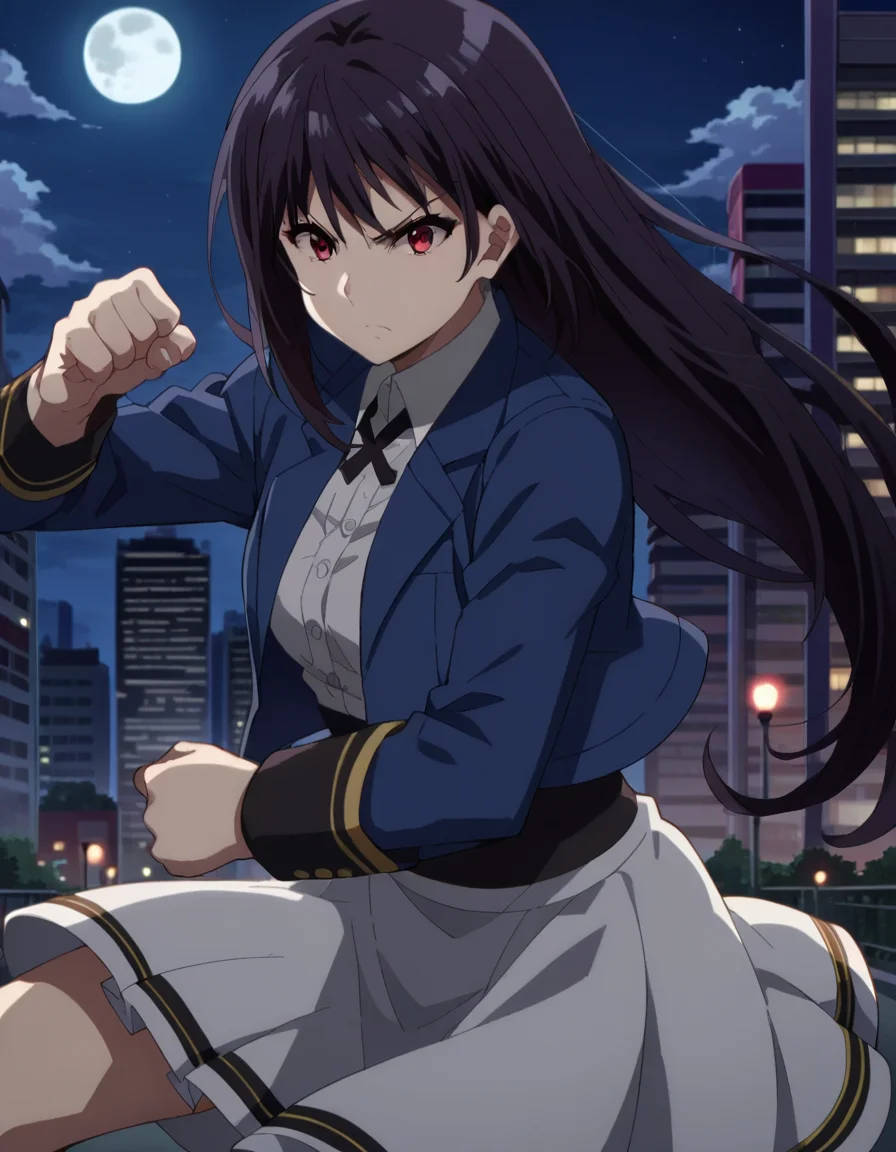 score_9, score_8_up, score_7_up, source_anime,
clairekagenou, <lora:claire-kagenou-ponyxl-lora-nochekaiser:1>,
claire kagenou, long hair, black hair, red eyes,
shirt, jacket, blazer, skirt, white skirt,
outdoors, cityscape, night, moon,
looking at viewer, dutch angle, dynamic pose, fighting stance,