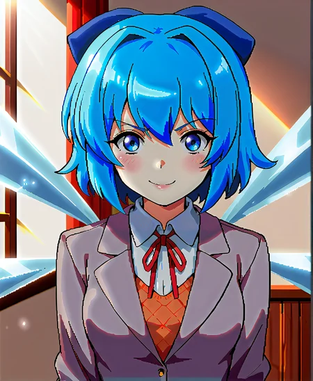 (solo,1girl, BREAK score_7_up,source_anime,score_8_up,score_9,),((highres)),(high quality),zPDXL3,smile,adult,looking at viewer,<lora:JN_Cirno:0.7>,Cirno,(blue bow:1.1),ice,ice wings,wings,(((blue hair:1.3))),(((blue eyes:1.2))),<lora:ddlcXL:0.7>,((blazer)),(neck ribbon),(collared shirt),(blue skirt),<lora:add-detail-xl:0.2>,<lora:pony_good_hands:1>,good_hands,bright lighting,(upper body:0.6),standing,indoors,((classroom)),<lora:Pixel_Art:1> Pixel_Art,