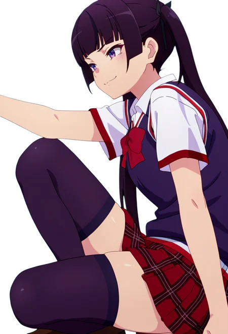 masterpiece,high quality details, absurdres,
 <lora:Mamimi:0.8>
mamimi_cnr,  1girl, black hair, long hair, twintails,blunt bangs, purple eyes,
mamimi_s1,white shirt,sweater vest, short sleeves,red skirt, plaid skirt, pleated skirt, black thighhighs, red bowtie, ribbon, black hair ribbon, shoes,, simple background, white background, from side,solo,, sad smile,disgust,, one arm raised,serious face,one arm extended forward,