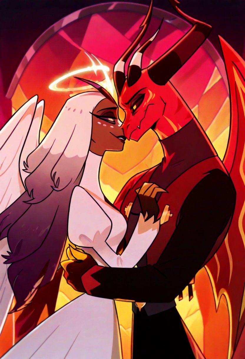 satanhelluvaboss, 1boy, horns, dragon, demon, tattoo, (multiple eyes), four eyes, yellow fingers, wings, sleeveless ,
sera \(hazbin hotel\), sera, dark skin, colored skin, freckles,  white freckles, long eyelashes, makeup, black lips, grey sclera, colored sclera, dark purple pupils, white hair, long hair, halo, glowing halo, wings,  angel wings,  white dress, turtleneck dress,  juliet sleeves, long sleeves, 1boy, 1girl, duo, nice anatomy, perfect, ((couple, romantic)), beatiful eyes,