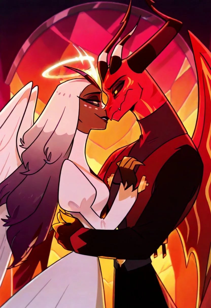 satanhelluvaboss, 1boy, horns, dragon, demon, tattoo, (multiple eyes), four eyes, yellow fingers, wings, sleeveless ,
sera \(hazbin hotel\), sera, dark skin, colored skin, freckles, white freckles, long eyelashes, makeup, black lips, grey sclera, colored sclera, dark purple pupils, white hair, long hair, halo, glowing halo, wings, angel wings, white dress, turtleneck dress, juliet sleeves, long sleeves, 1boy, 1girl, duo, nice anatomy, perfect, ((couple, romantic)), beatiful eyes,