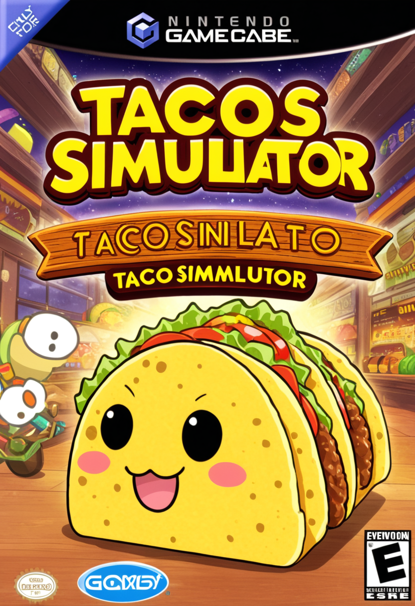 anime artwork <lora:GCNBoxArt:1> GCNBOXART, "taco simulator", title, food_focus, no_humans, . anime style, key visual, vibrant, studio anime,  highly detailed