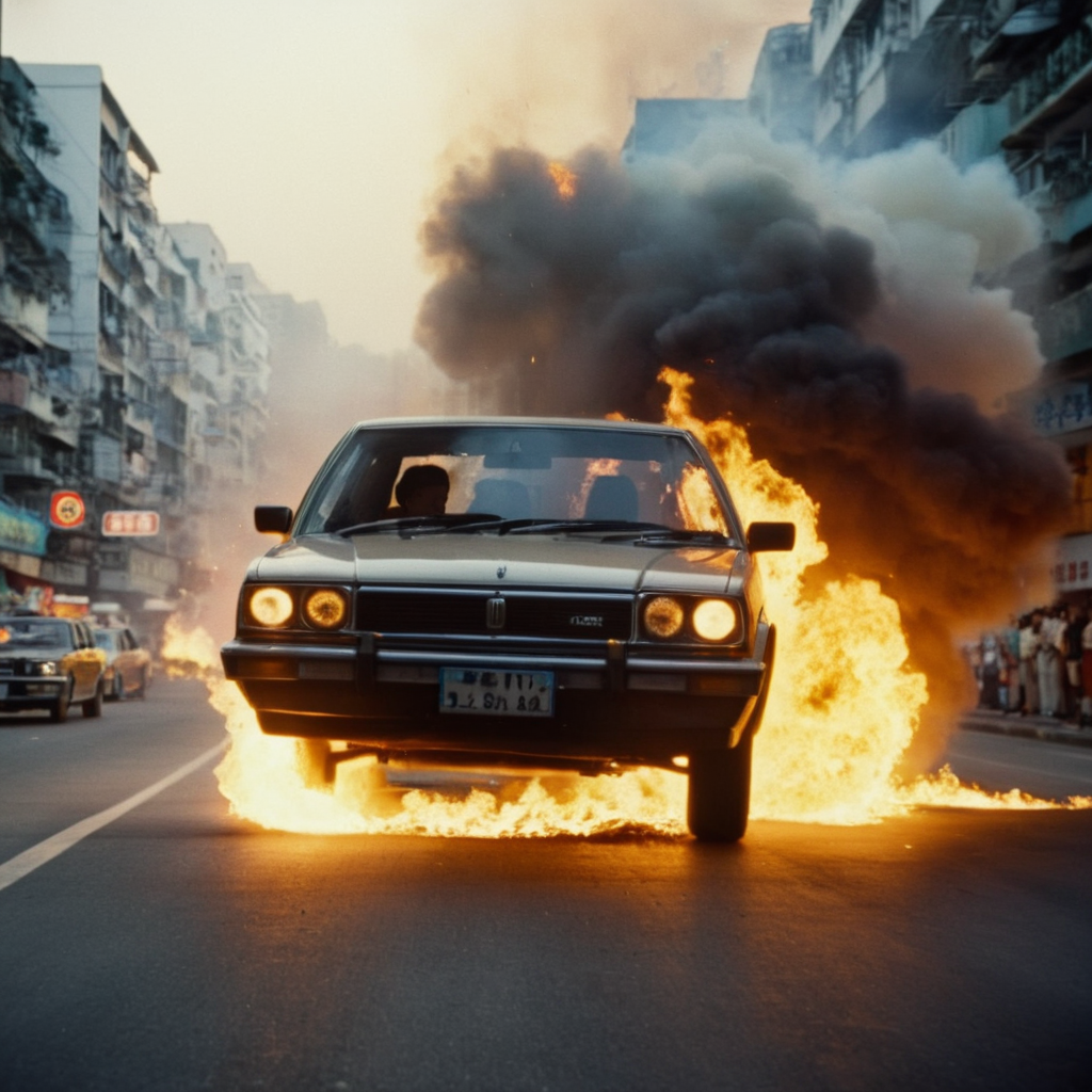 cinematic film still of  <lora:Hong Kong action cinema style:1>
 <lora:Kodak Motion Picture Film Style v4:0.3>
In the 1980's In Hong Kong China a car is on fire explosion as another car is on fire explosion,outdoors,no humans,fire,ground vehicle,motor vehicle,smoke,car,road,explosion,vehicle focus,burning,truck,Asian,cinematic,action-themed,violence,aim,aiming,pointing,Kodak,Film style,movie style,film grain,film contrast,action packed,serious,stunt,Hong Kong action cinema style, shallow depth of field, vignette, highly detailed, high budget, bokeh, cinemascope, moody, epic, gorgeous, film grain, grainy