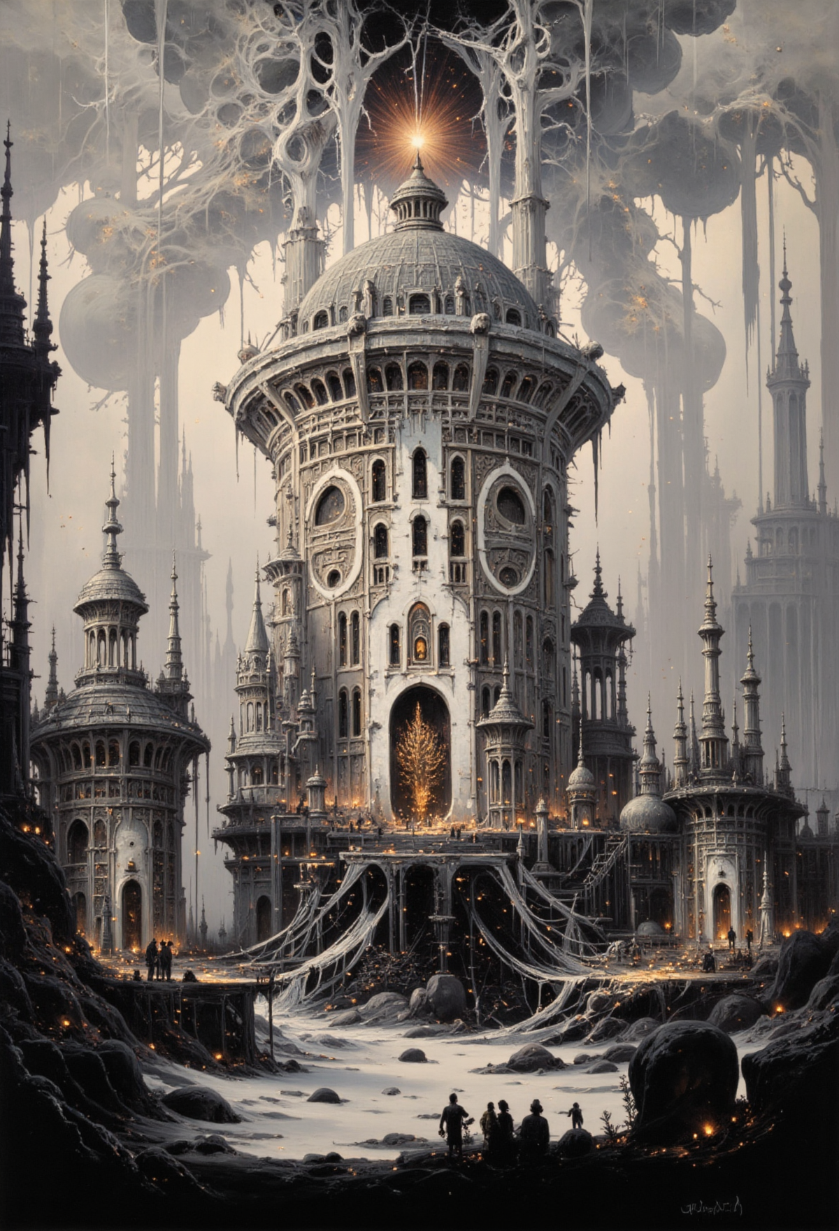 white and black and sienna landscape. beautiful, temple, minarets, fantasy, ethereal, high definition, acrylic art, intricately detailed,  <lora:AS_v2:1> <lora:lora:0.5>