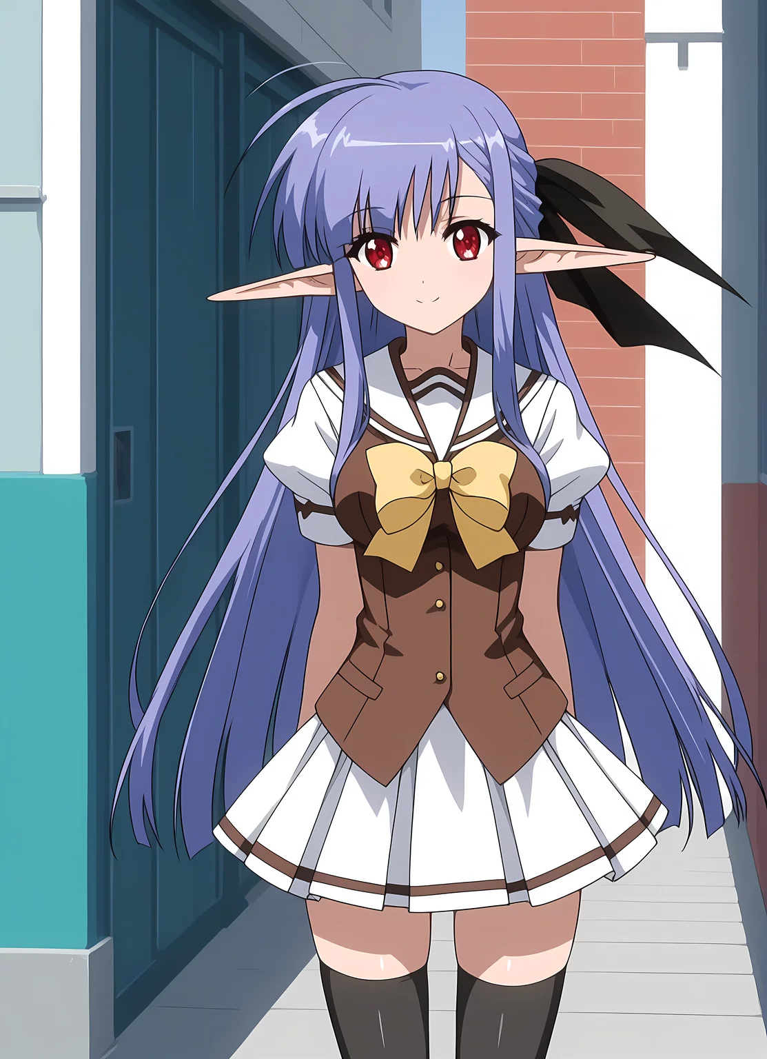 score_9,score_8_up,score_7_up,closed mouth, shiny skin, light smile,ohwx, 1girl, solo, solo_focus, elf, pointy_ears, red_eyes, long_hair, purple_hair, blue_hair, very_long_hair, sidelocks, ribbon, ahoge, long_pointy_ears, breasts,school_uniform, thighhighs, long_hair, bow, zettai_ryouiki, puffy_sleeves, white_skirt, short_sleeves, brown_vest, puffy_short_sleeves, vest, pleated_skirt, serafuku, yellow_bow, Standing, pretending to get blown away by the wind, alleyway,<lora:nerine_pony_sobsynapse-000006:1>