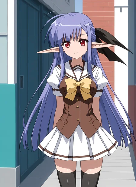 score_9,score_8_up,score_7_up,closed mouth, shiny skin, light smile,ohwx, 1girl, solo, solo_focus, elf, pointy_ears, red_eyes, long_hair, purple_hair, blue_hair, very_long_hair, sidelocks, ribbon, ahoge, long_pointy_ears, breasts,school_uniform, thighhighs, long_hair, bow, zettai_ryouiki, puffy_sleeves, white_skirt, short_sleeves, brown_vest, puffy_short_sleeves, vest, pleated_skirt, serafuku, yellow_bow, Standing, pretending to get blown away by the wind, alleyway,<lora:nerine_pony_sobsynapse-000006:1>