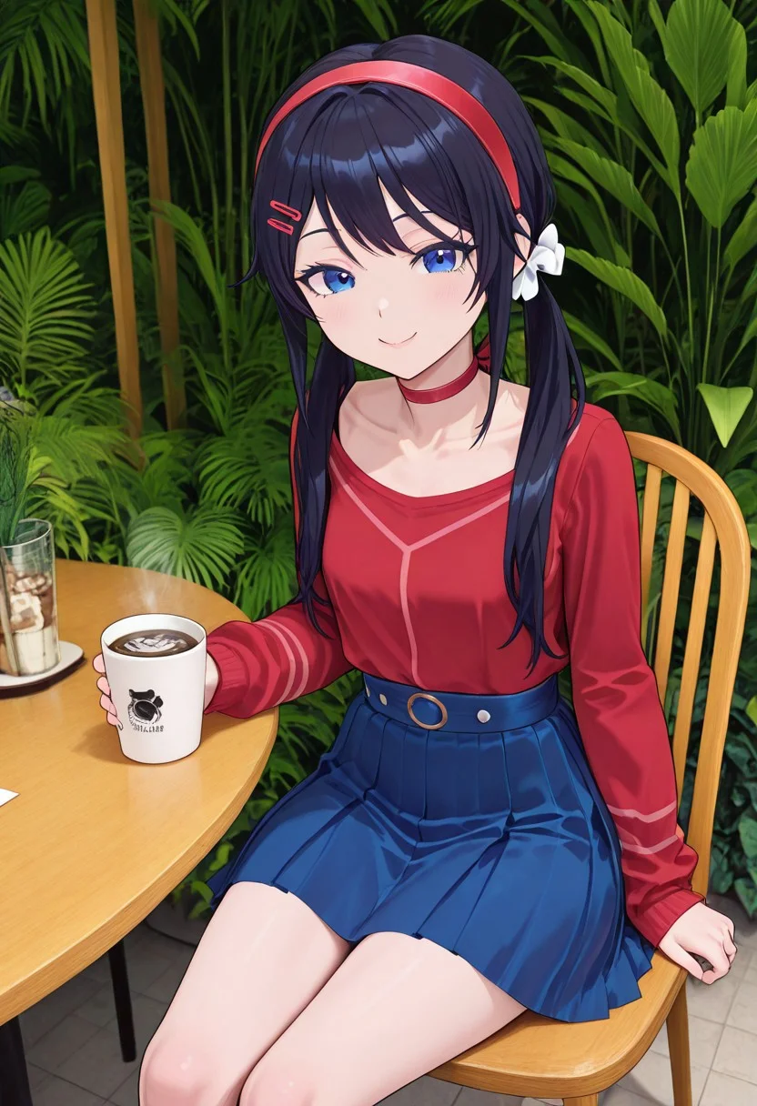full size, hairs flowing on the air, semireal, black hairs, mita,1girl, solo, petite, hair ornament, perfect, sexy, twintails, red choker, red hairband, long hair, blue_eyes, black hairs, blue skirt, white bows, two ordinary small red clips, red shirt, black hairs, bright colors, bright red, bright blue, sitting in cafe, drinking coffee on the tropical forest, sweet smile, very cute, beautiful background