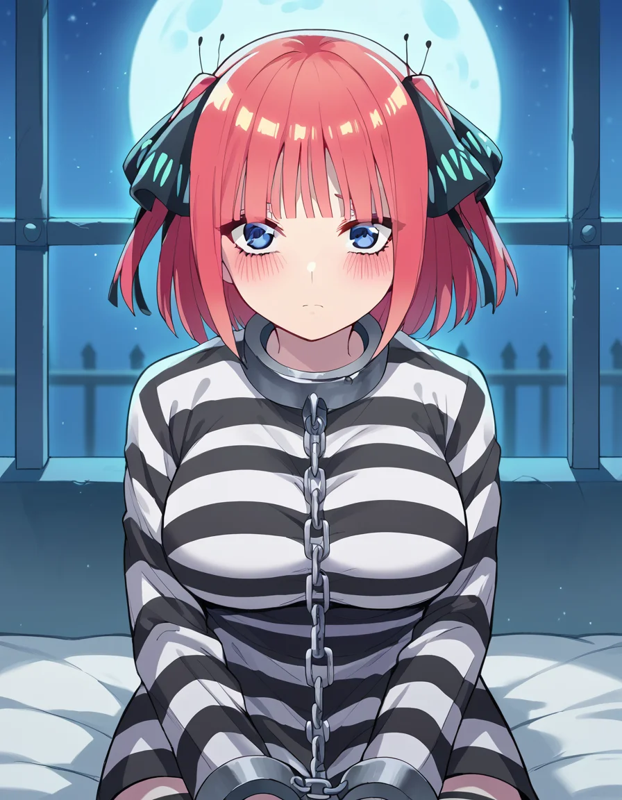 score_9, score_8_up, score_7_up, source_anime, <lora:nnakano-s2-ponyxl-lora-nochekaiser:1>, short hair, bangs, blue eyes, hair ornament, hair ribbon, pink hair, blunt bangs, two side up, butterfly hair ornament, large breasts,, <lora:prison-clothes-ponyxl-lora-nochekaiser:1> prison clothes, prisoner, prison cell, prison, striped shirt, shackles, handcuffs, chain,, sitting, on bed, looking at viewer, blush, night, moon, moonlight, night sky, window, three quarter view, cowboy shot,