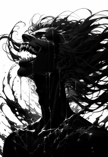 (score_9, score_8_up), score_7_up, zPDXL, looking at viewer, smile, open mouth, simple background, 1boy, white background, monochrome, upper body, greyscale, male focus, floating hair, sharp teeth, dripping, silhouette, black skin, limited palette <lora:GRIM_v1:1>