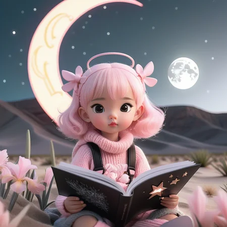 What is love, baby don't hurt me, NijiEX style, pastel pink iris cheeks are knit bi pages the like harps turfing colibot, black letter next to gray desert theme + glowing star near the moon in dreamy sci_color, (concept art 4 k:1.29), canon <lora:add-detail-xl:1>