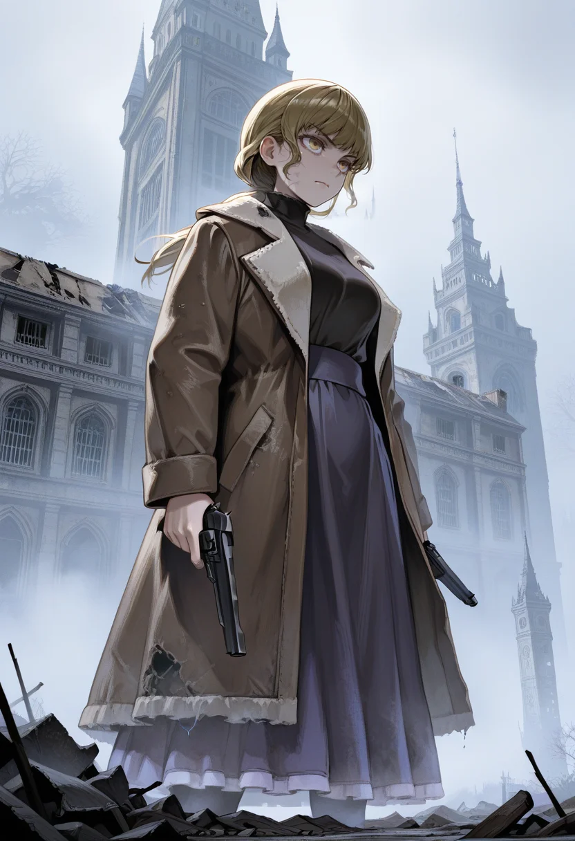 <lora:Karin__Fear__Hunger_Termina:1> karin, holding gun, fog, european architecture, handgun, serious, abandoned, tower, damaged,, masterpiece, best quality, amazing quality,