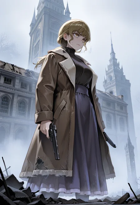 <lora:Karin__Fear__Hunger_Termina:1> karin, holding gun, fog, european architecture, handgun, serious, abandoned, tower, damaged,, masterpiece, best quality, amazing quality,