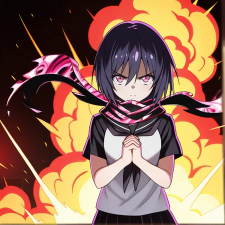 <lora:IL_Yamoto_Koki:1>,nin_sly_k,1girl,solo,Yamoto Koki /(ikusa/),pink eyes,short hair,
serafuku,scarf,
own_hands_clasped,palms together,from front,cowboy shot,looking at viewer,glaring at,explosions,, masterpiece,best quality,amazing quality,very aesthetic,absurdres,