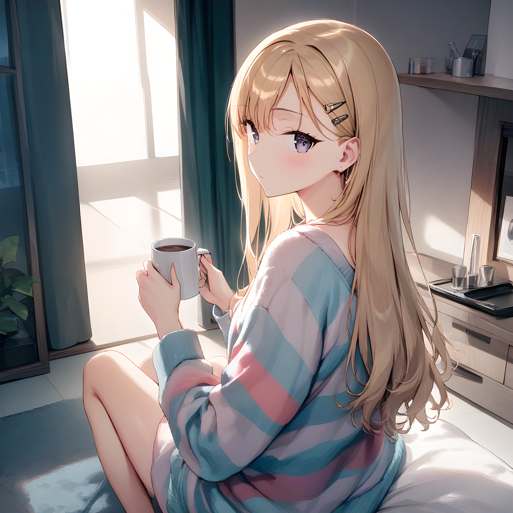 (masterpiece),(best quality),(ultra-detailed),(best illustration),(best shadow),(absurdres),(detailed background),(very aesthetic),ayase_saki, 1girl, long hair, solo, striped, striped sweater, cup, loungewear, hairclip, holding, hair ornament, looking at viewer, indoors, blonde hair, looking back, mug <lora:XL-AyaseSaki:1>