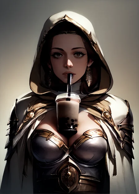 <lora:ELSPETH:1> elspeth, armor, 1girl, solo, weapon, brown hair, jewelry, breastplate, cape bubble tea challenge, firm breasts,, large breasts, girl in a hoodie, bubble tea cup on breasts, hoodie <lora:bubble_tea_challenge:1> <lora:RD-MAnon-XLV1.1:1> female, source_anime, score_9_up, score_7_up, score_8_up